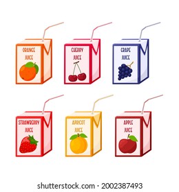 A set of different juices in a cardboard box with a straw. Fruit and berry juices. Baby food, fresh summer drink. Flat, cartoon style. Color vector illustration isolated on a white background