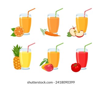 Conjunto de diferentes jugos en gafas. Verduras y bebidas frescas a base de fruta. Ilustración de dibujos animados.