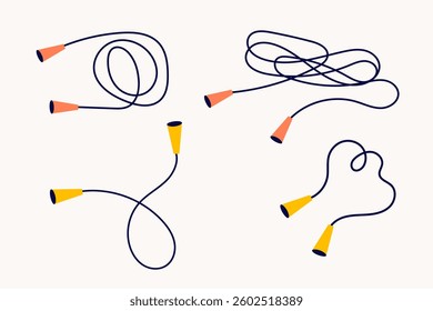 A set of different jump ropes. Sport equipment. Healthy lifestyle concept.