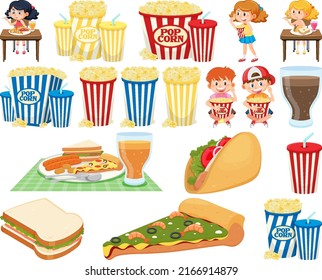 Set of different junk foods and kids illustration