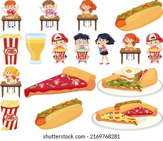 Set of different junk foods and kids illustration