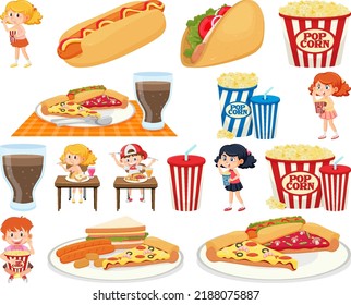 Set of different junk foods and kids illustration