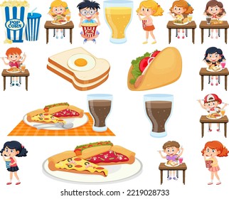 Set of different junk foods and kids illustration