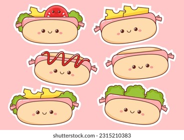 Set of different kawaii hot dogs