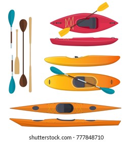 Set of different kayaks with paddles for tourism and fishing. Top and side view. Vector illustration 