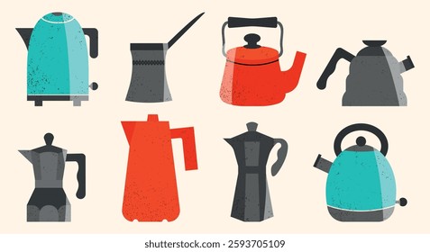 Set of different kettles on light background. Cute kitchen equipment. Vector illustration.