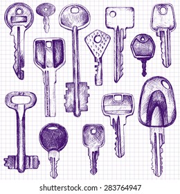 set of different keys, drawing with a ballpoint pen in vintage style on a paper from a school notebook, page of sketchbook, hand drawn vector illustration