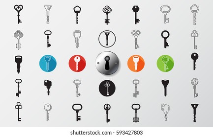 Set of different keys isolated on white background.
Icons and logos in trendy linear style. Flat, realistic image. 
Vector illustration