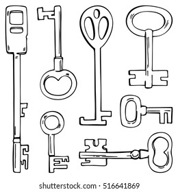 Set of different keys, line drawings on a white background for design and illustration.