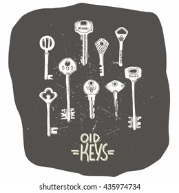 Set of different keys on dark background, hand drawn vector illustration