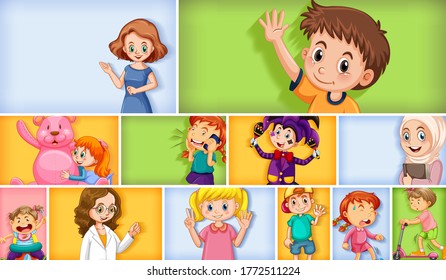 Set of different kid characters on different color background illustration