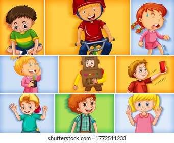 Set of different kid characters on different color background illustration