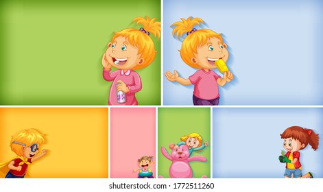 Conjunto de caracteres de niño diferentes en una ilustración de fondo de color diferente