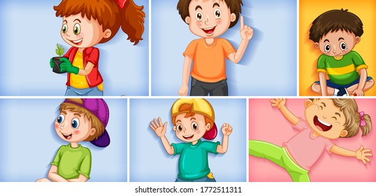 Conjunto de diferentes caracteres infantis em ilustração de fundo de cor diferente