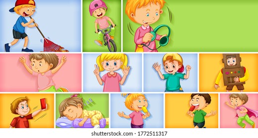 Set of different kid characters on different color background illustration