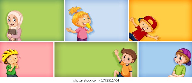 Set of different kid characters on different color background illustration