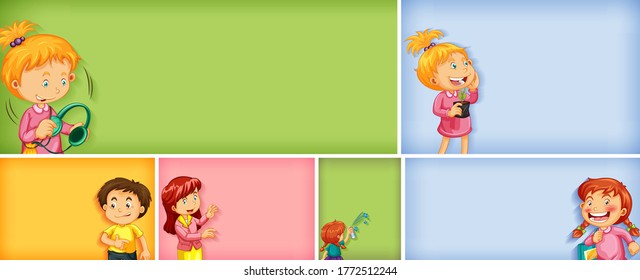 Set of different kid characters on different color background illustration