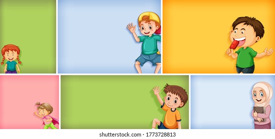 Set of different kid characters on different color background illustration