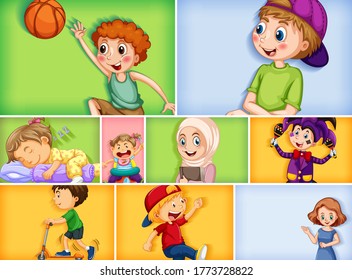 Set of different kid characters on different color background illustration