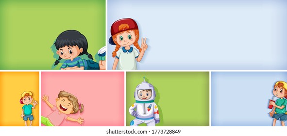 Set of different kid characters on different color background illustration