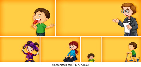 Set of different kid characters on yellow color background illustration
