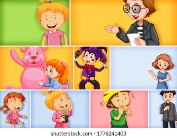 Set of different kid characters on different color background illustration