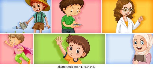 Set of different kid characters on different color background illustration