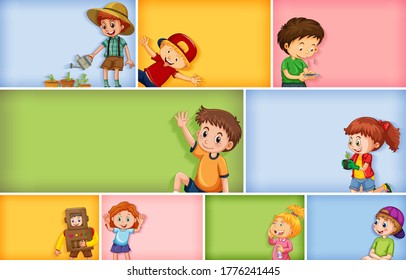 Conjunto de diferentes caracteres infantis em ilustração de fundo de cor diferente