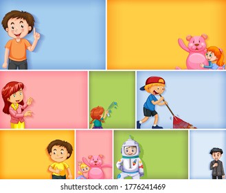 Set of different kid characters on different color background illustration