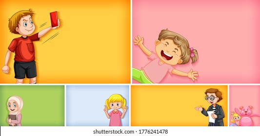 Set of different kid characters on different color background illustration