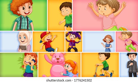 Set of different kid characters on different color background illustration