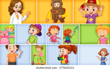 Set of different kid characters on different color background illustration