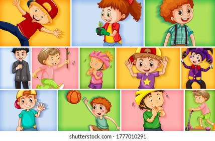 Set of different kid characters on different color background illustration