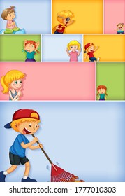 Set of different kid characters on different color background illustration
