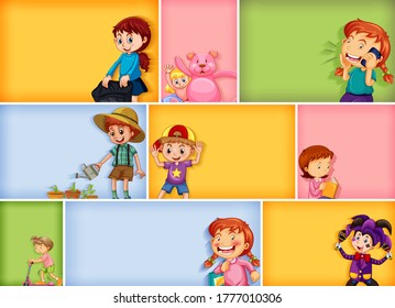 Set of different kid characters on different color background illustration
