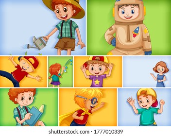 Set of different kid characters on different color background illustration