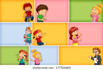 Conjunto de caracteres de niño diferentes en una ilustración de fondo de color diferente