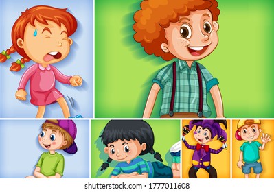 Set of different kid characters on different color background illustration