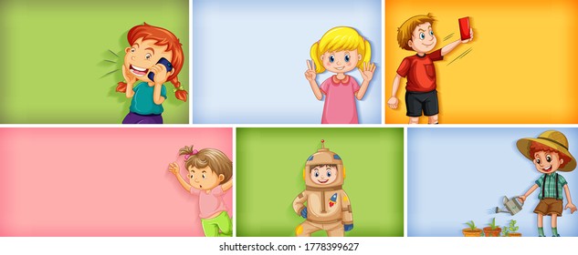Set of different kid characters on different color background illustration