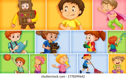 Conjunto de caracteres de niño diferentes en una ilustración de fondo de color diferente