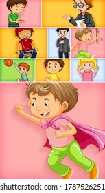 Set of different kid characters on different color background illustration