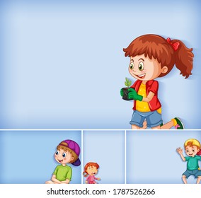 Set of different kid characters on blue color background illustration