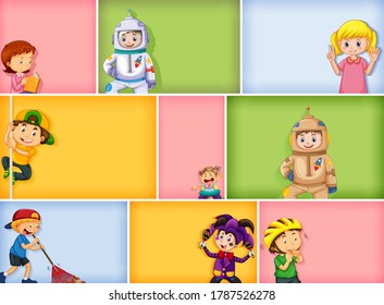 Set of different kid characters on different color background illustration