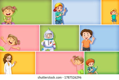 Set of different kid characters on different color background illustration