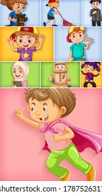 Set of different kid characters on different color background illustration