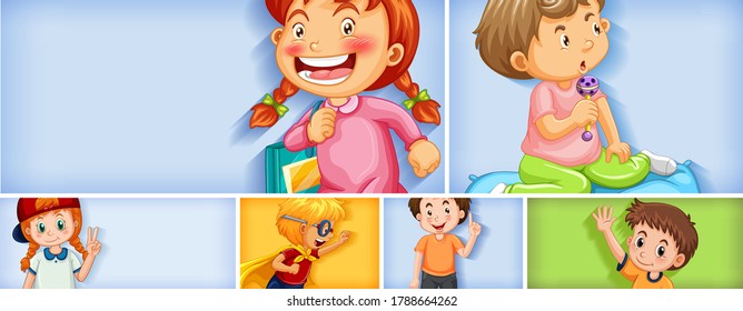 Set of different kid characters on different color background illustration