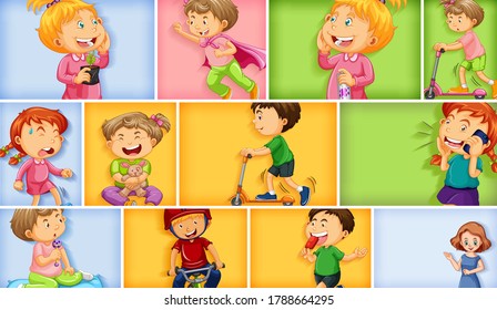 Set of different kid characters on different color background illustration