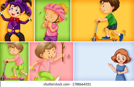 Set of different kid characters on different color background illustration