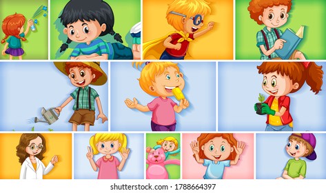 Set of different kid characters on different color background illustration