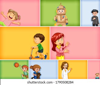 Set of different kid characters on different color background illustration